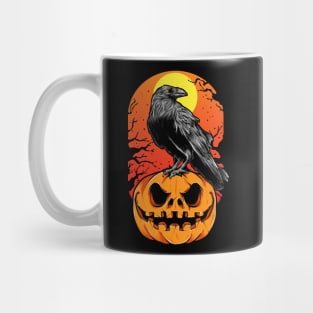 Crow standing on a pumpkin halloween design Mug